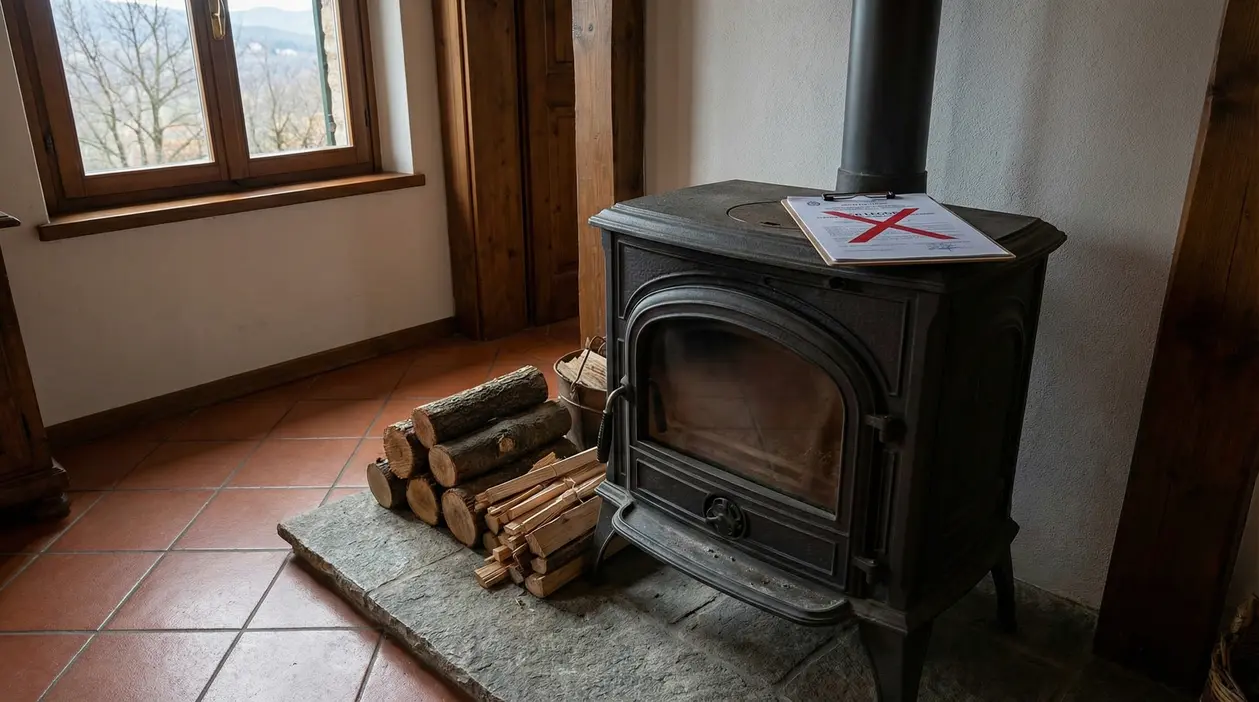 Stufa a legna spenta con fascicoli di legna accatastati accanto in un salotto rustico