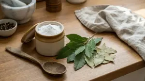 Foglie di alloro fresche accanto a un barattolo di bicarbonato su un tavolo da cucina