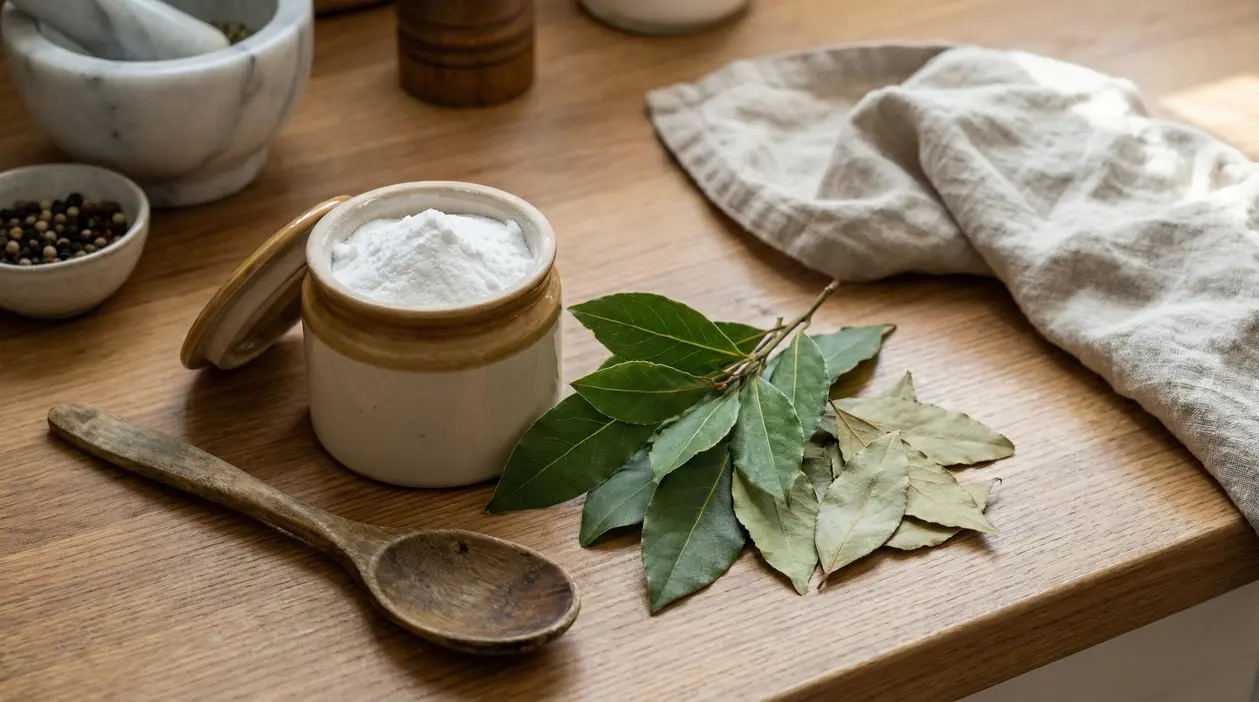 Foglie di alloro fresche accanto a un barattolo di bicarbonato su un tavolo da cucina