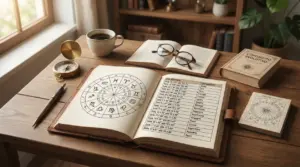 Scrivania con libri di astrologia, una tazza di caffè e una tabella degli ascendenti zodiacali.