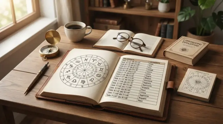 Scrivania con libri di astrologia, una tazza di caffè e una tabella degli ascendenti zodiacali.
