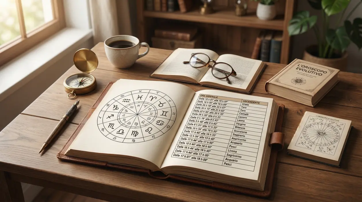 Scrivania con libri di astrologia, una tazza di caffè e una tabella degli ascendenti zodiacali.