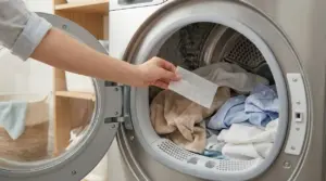 Una persona inserisce un foglio profumato nell’asciugatrice piena di panni