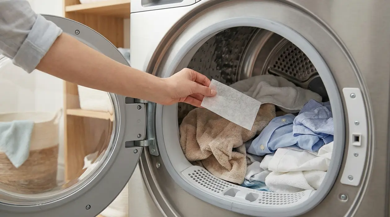 Una persona inserisce un foglio profumato nell’asciugatrice piena di panni