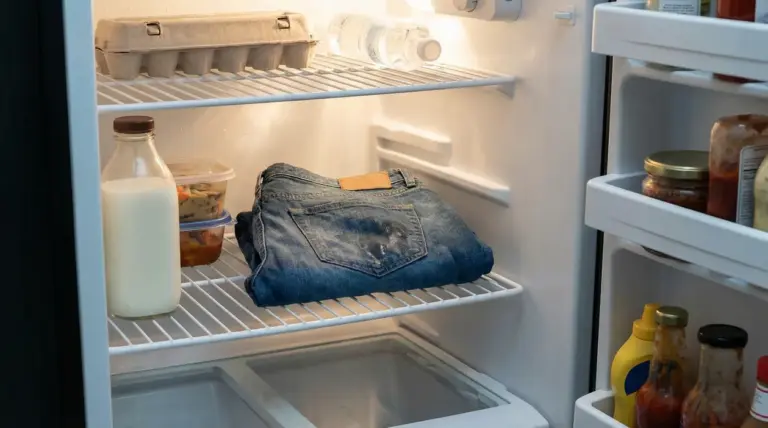 Un paio di jeans piegati all'interno di un frigorifero con cibo e bevande.