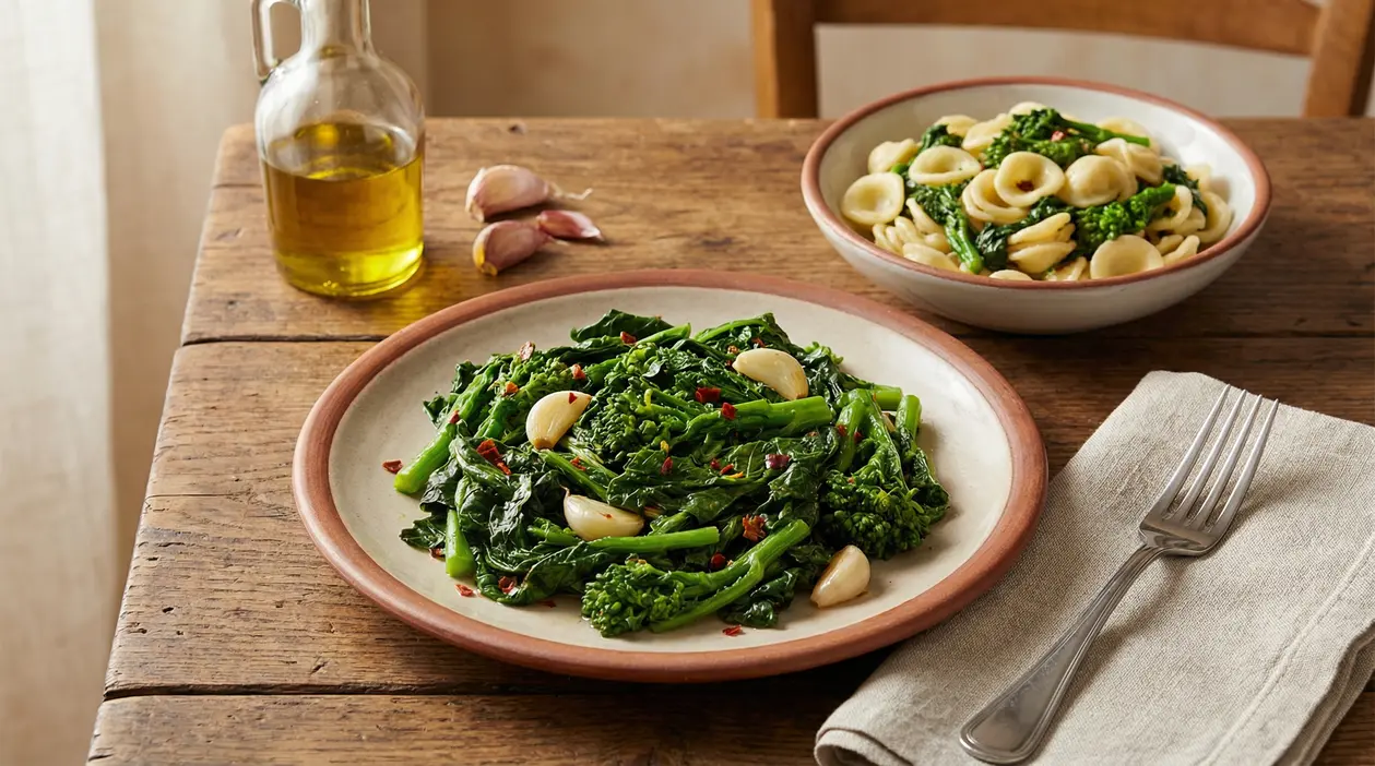 Piatti con cime di rapa cotte e orecchiette su tavolo rustico