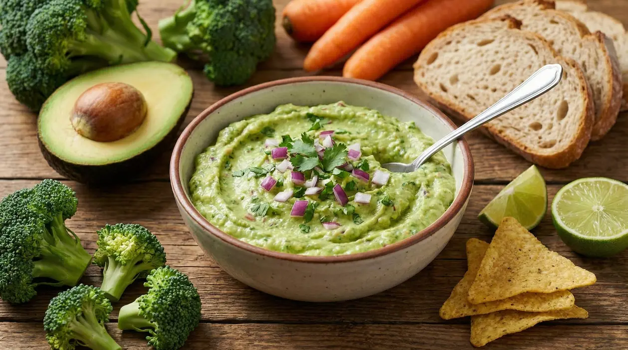 Ciotola di broccomole con cipolla rossa, contornata da broccoli, avocado e altri ingredienti freschi