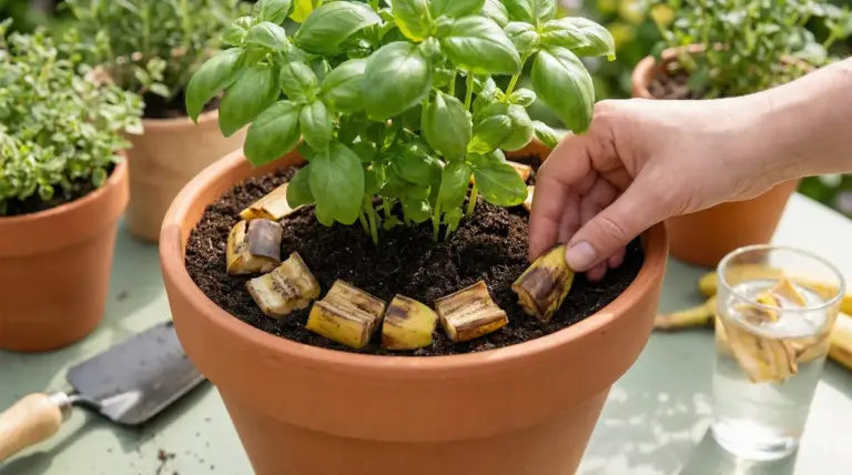 Mano che inserisce bucce di banana tagliate nel vaso con pianta di basilico