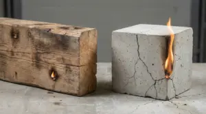 Tronco di legno e blocco di cemento con piccole fiamme su entrambi
