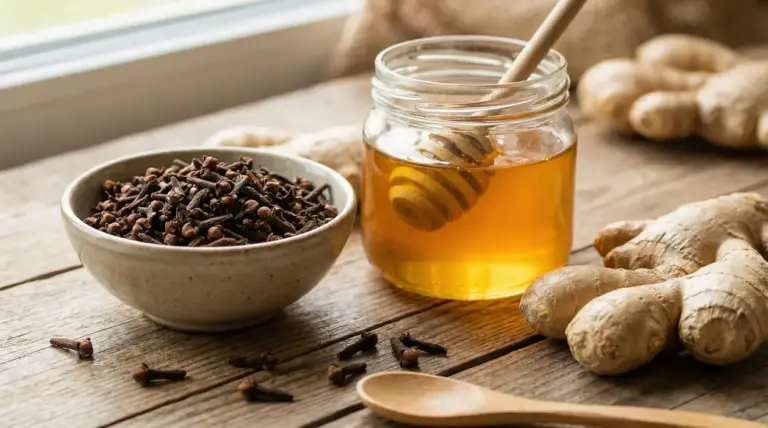 Ciotola di chiodi di garofano, vasetto di miele e radici di zenzero su un tavolo in legno