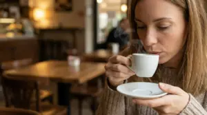 Persona che beve un caffè caldo in una caffetteria accogliente