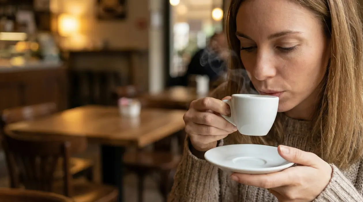 Persona che beve un caffè caldo in una caffetteria accogliente