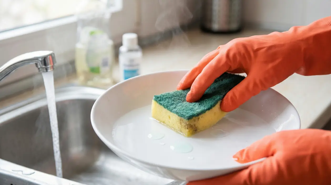 Una mano con guanti arancioni lava un piatto con una spugnetta da cucina sotto l'acqua corrente