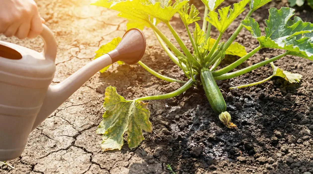 Annaffiatura di una pianta di zucchine in un terreno asciutto e soleggiato