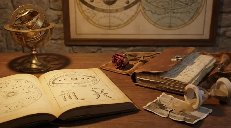 Tavolo con oggetti legati all'astrologia, libro aperto con simboli zodiacali e clessidra rovesciata