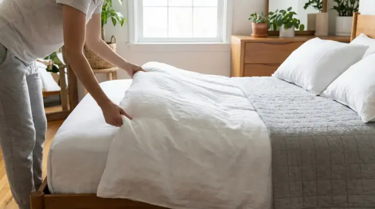 Persona che sistema con cura il letto in una camera luminosa e ordinata