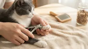 Persona taglia le unghie a un gatto con un tronchesino su una coperta morbida