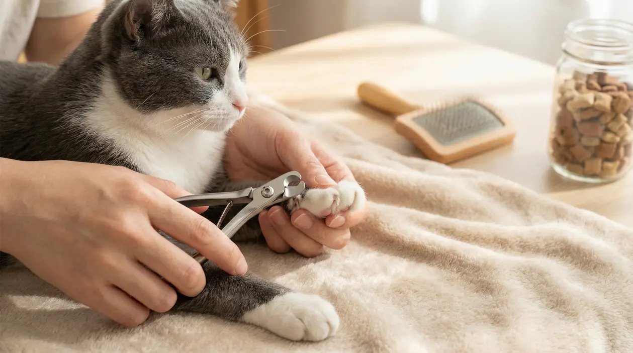 Persona taglia le unghie a un gatto con un tronchesino su una coperta morbida