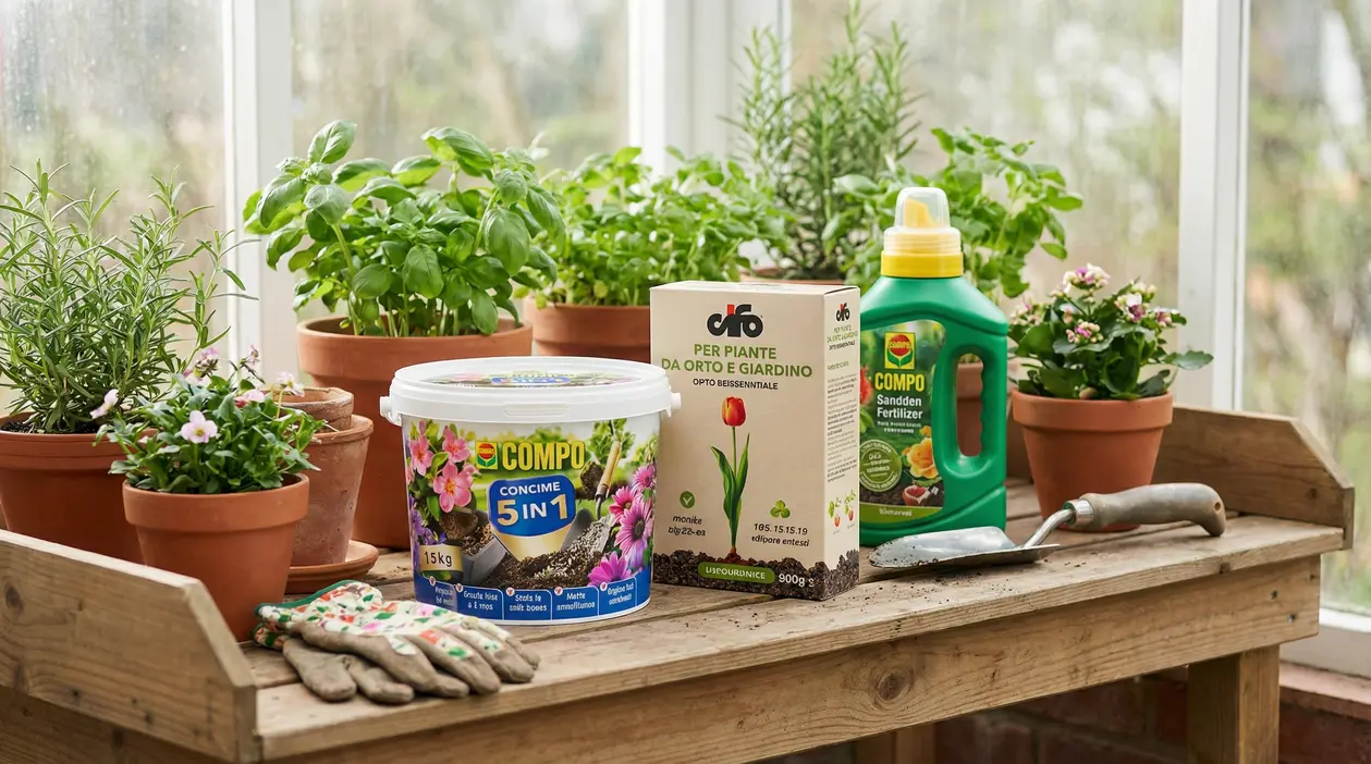 Concimi e piante in vaso su un tavolo da giardinaggio vicino a una finestra.