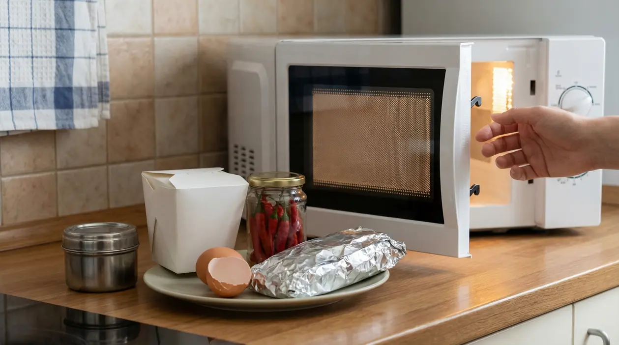 Piatti e contenitori inadatti al microonde davanti a un forno a microonde aperto