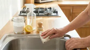 Una persona pulisce il lavandino della cucina con un panno accanto a bicarbonato, limone e spruzzino