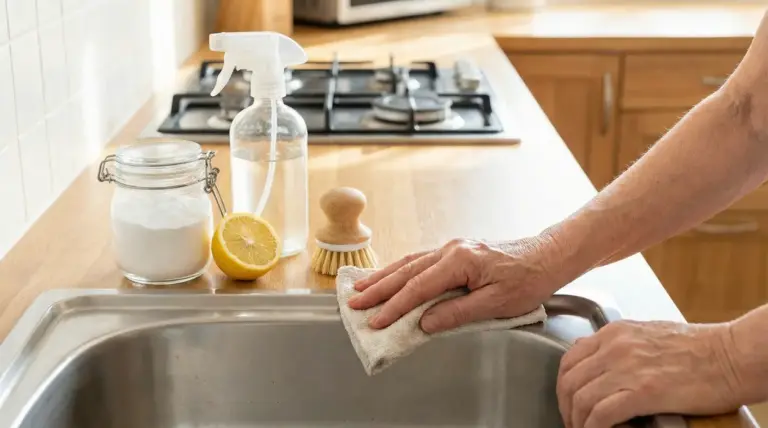 Una persona pulisce il lavandino della cucina con un panno accanto a bicarbonato, limone e spruzzino