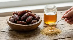 Ciotola di datteri accanto a zucchero di canna e miele su un tavolo di legno