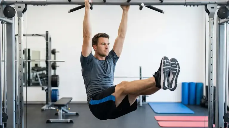 Persona che esegue sollevamento gambe alla sbarra in palestra