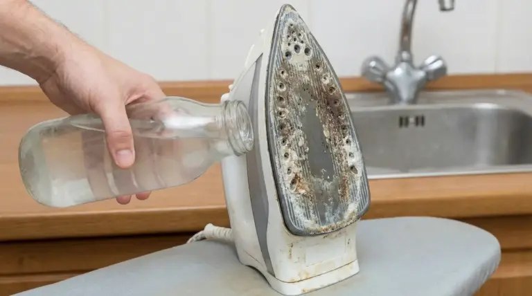 Ferro da stiro con calcare visibile mentre viene riempito con acqua da una bottiglia