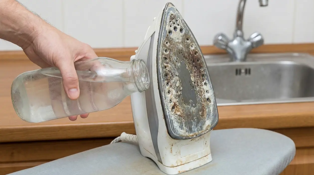 Ferro da stiro con calcare visibile mentre viene riempito con acqua da una bottiglia