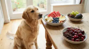 Un cane osserva tre ciotole di frutta fresca sul tavolo di una cucina.