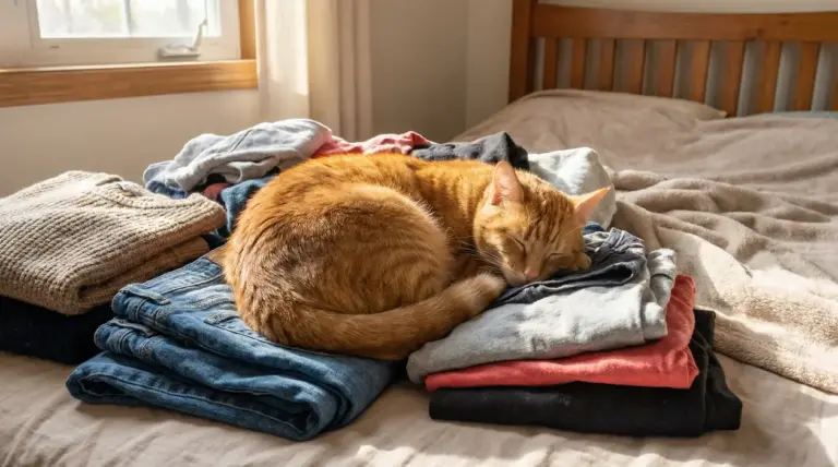 Gatto arancione che dorme su una pila di vestiti piegati in una stanza luminosa