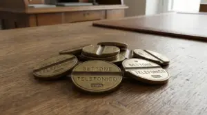 Gettoni telefonici in metallo degli anni '60 e '70 su un tavolo di legno