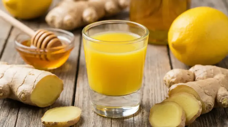 Bicchiere di shot allo zenzero con limone, miele e radice fresca su tavolo di legno
