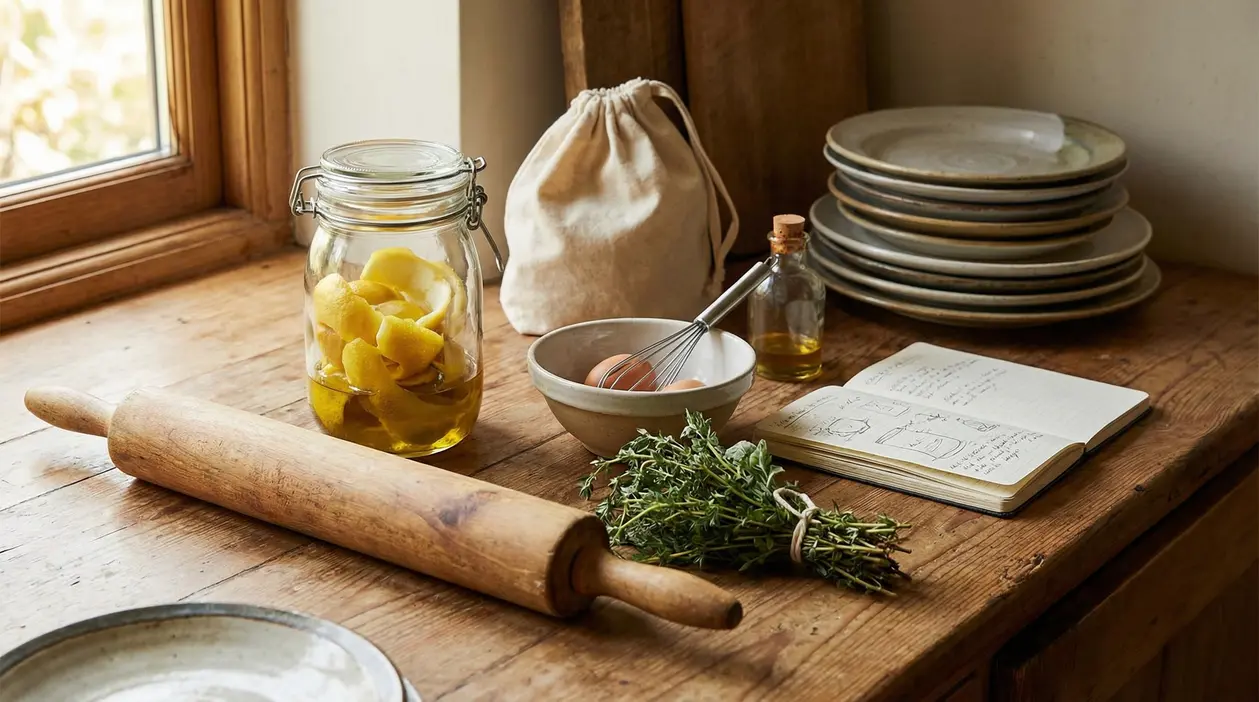 Ingredienti da cucina su un tavolo rustico con barattolo, uova, erbe aromatiche e quaderno di appunti