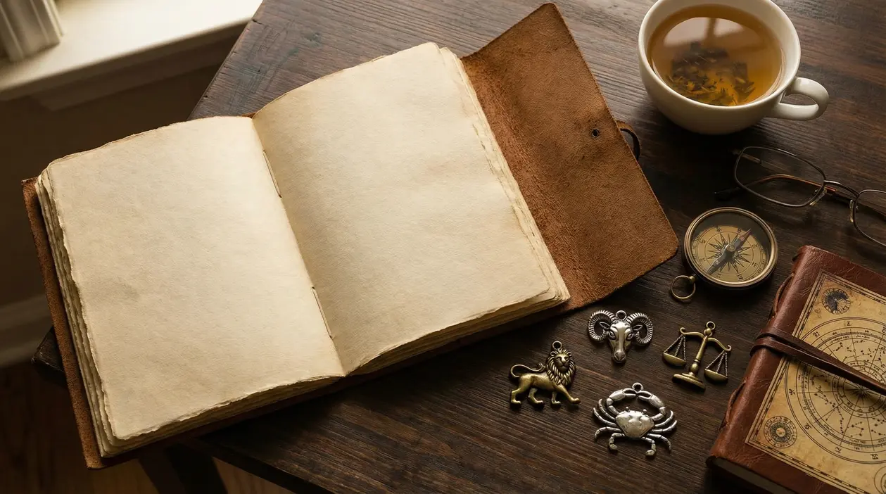 Tavolo con taccuino aperto, una bussola e simboli dello zodiaco