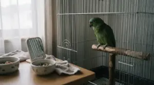 Pappagallo verde posato su un trespolo all'interno della sua gabbia vicino a una finestra