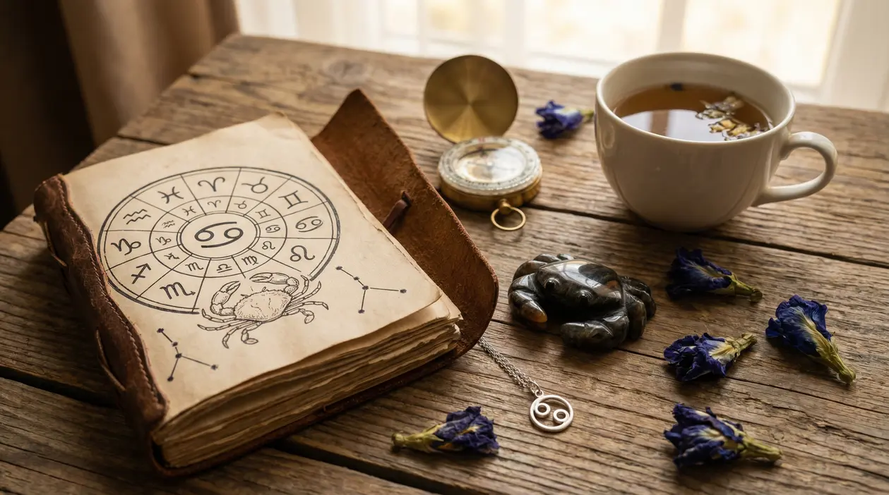 Oggetti astrologici su un tavolo, con simbolo del Cancro e una tazza di tè