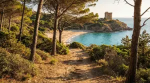 Sentiero nella pineta che conduce a una spiaggia nascosta con torre costiera in Toscana
