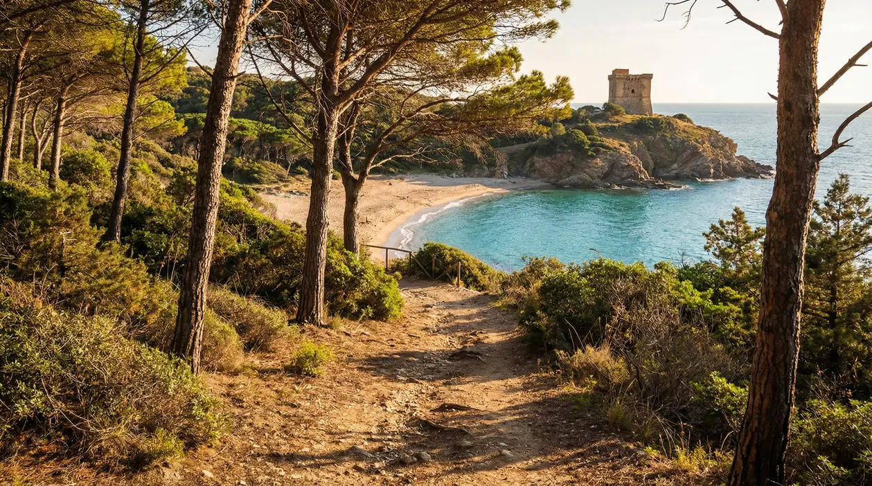 Sentiero nella pineta che conduce a una spiaggia nascosta con torre costiera in Toscana