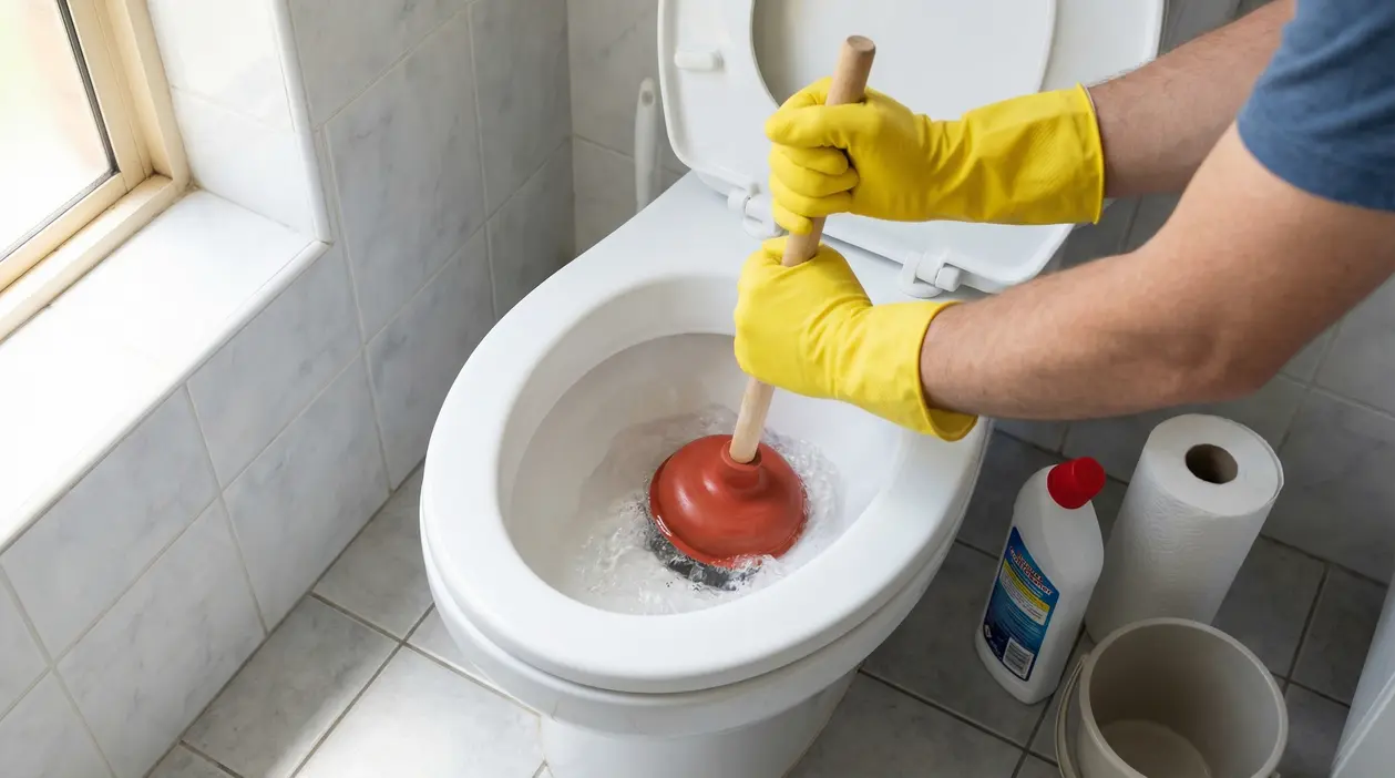 Persona con guanti gialli usa uno sturalavandini in un WC ostruito