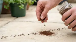 Una mano sparge polvere marrone su una fila di formiche su un pavimento esterno