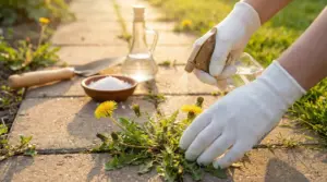 Persona con guanti spruzza diserbante naturale su erbacce tra le mattonelle