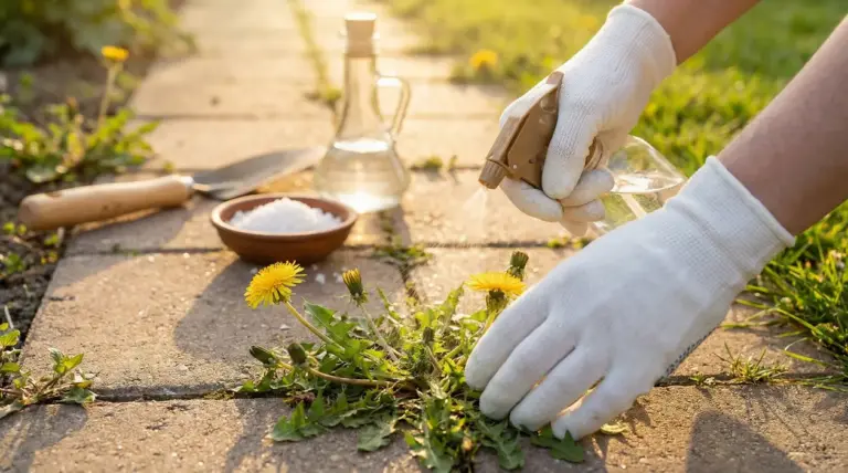 Persona con guanti spruzza diserbante naturale su erbacce tra le mattonelle