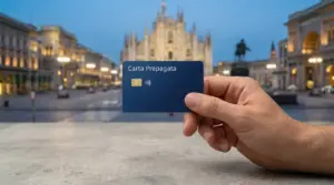 Persona che tiene una carta prepagata con sfondo urbano italiano