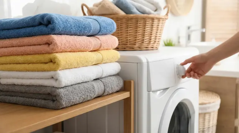 Asciugamani colorati piegati accanto a una lavatrice in un bagno moderno