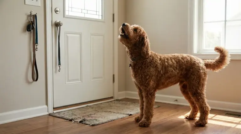 Cane marrone abbaia davanti alla porta d'ingresso di casa