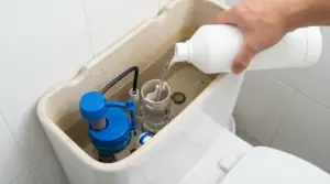 Una mano versa un liquido nella cassetta di un WC aperta