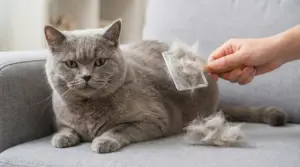 Gatto grigio viene spazzolato su un divano, con ciocche di pelo raccolte accanto