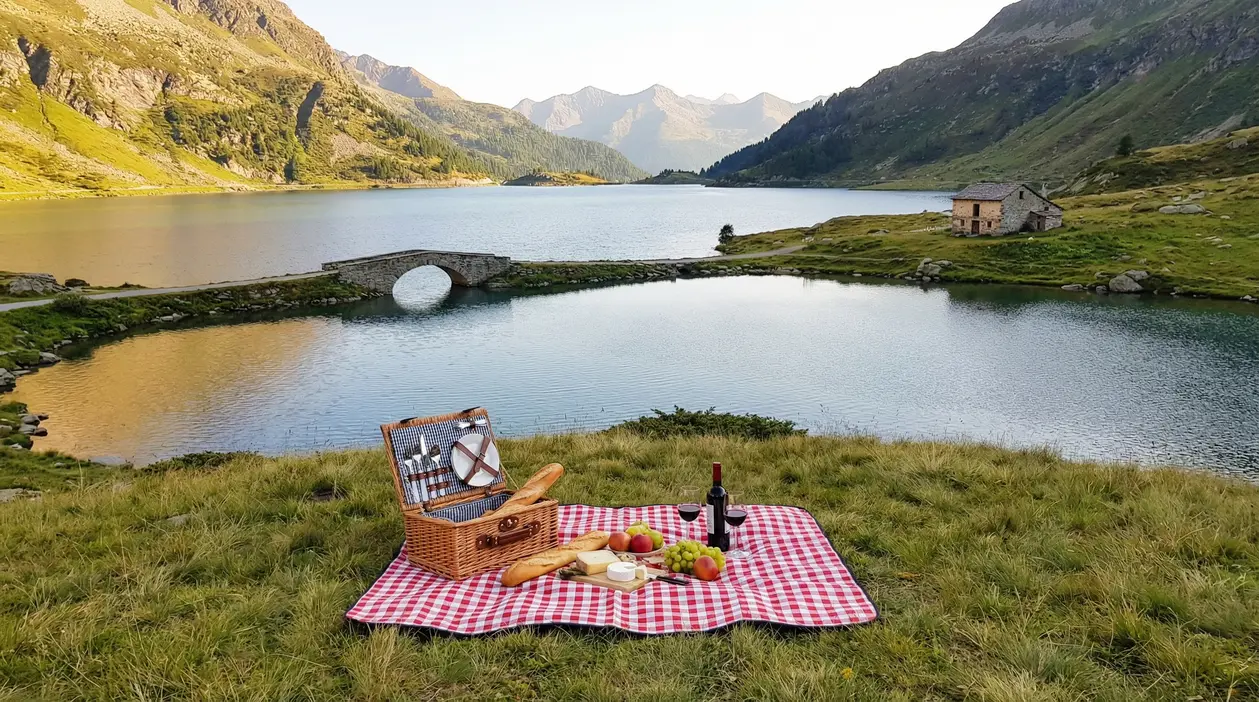 Picnic su prato vicino a un lago alpino in Lombardia con cestino, vino e cibo.